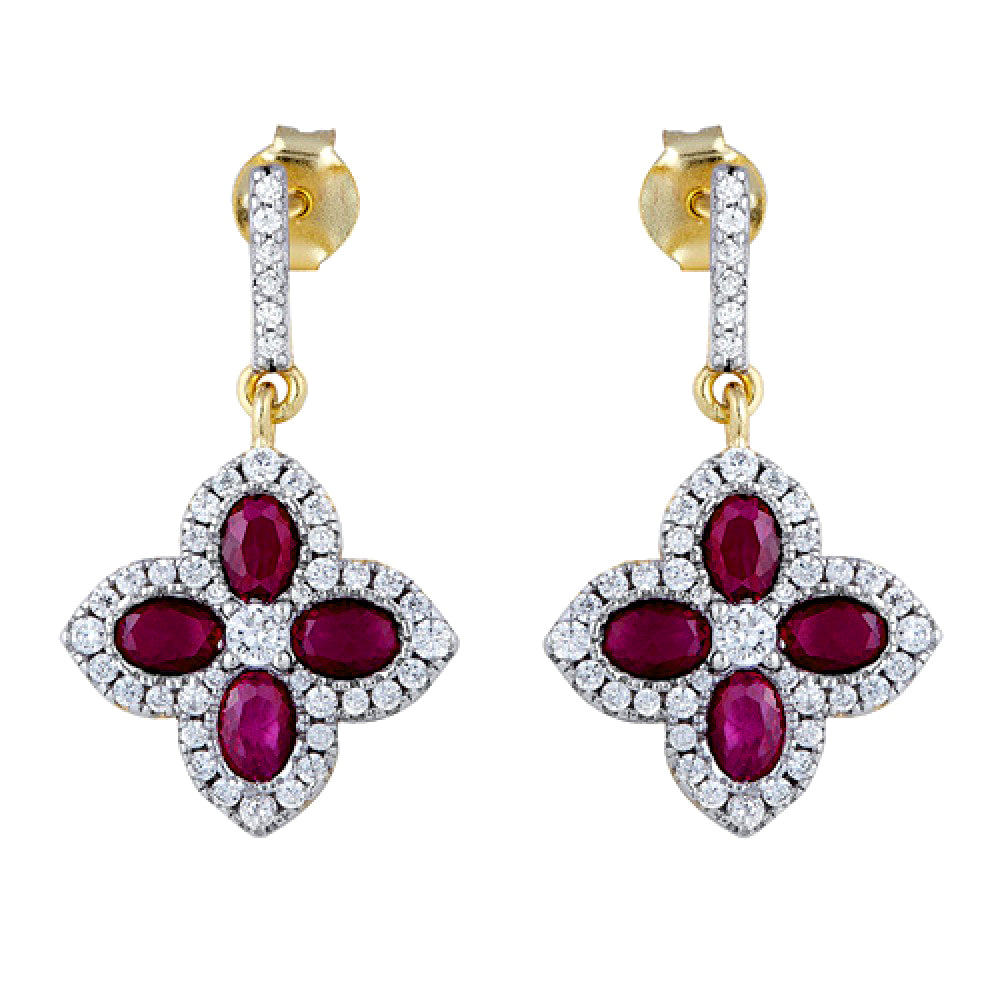 Gold-plated Silver  Red Oval CZ Quatrefoil Clover Drop Earrings - AES226R