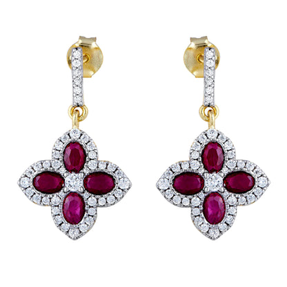 Gold-plated Silver  Red Oval CZ Quatrefoil Clover Drop Earrings - AES226R