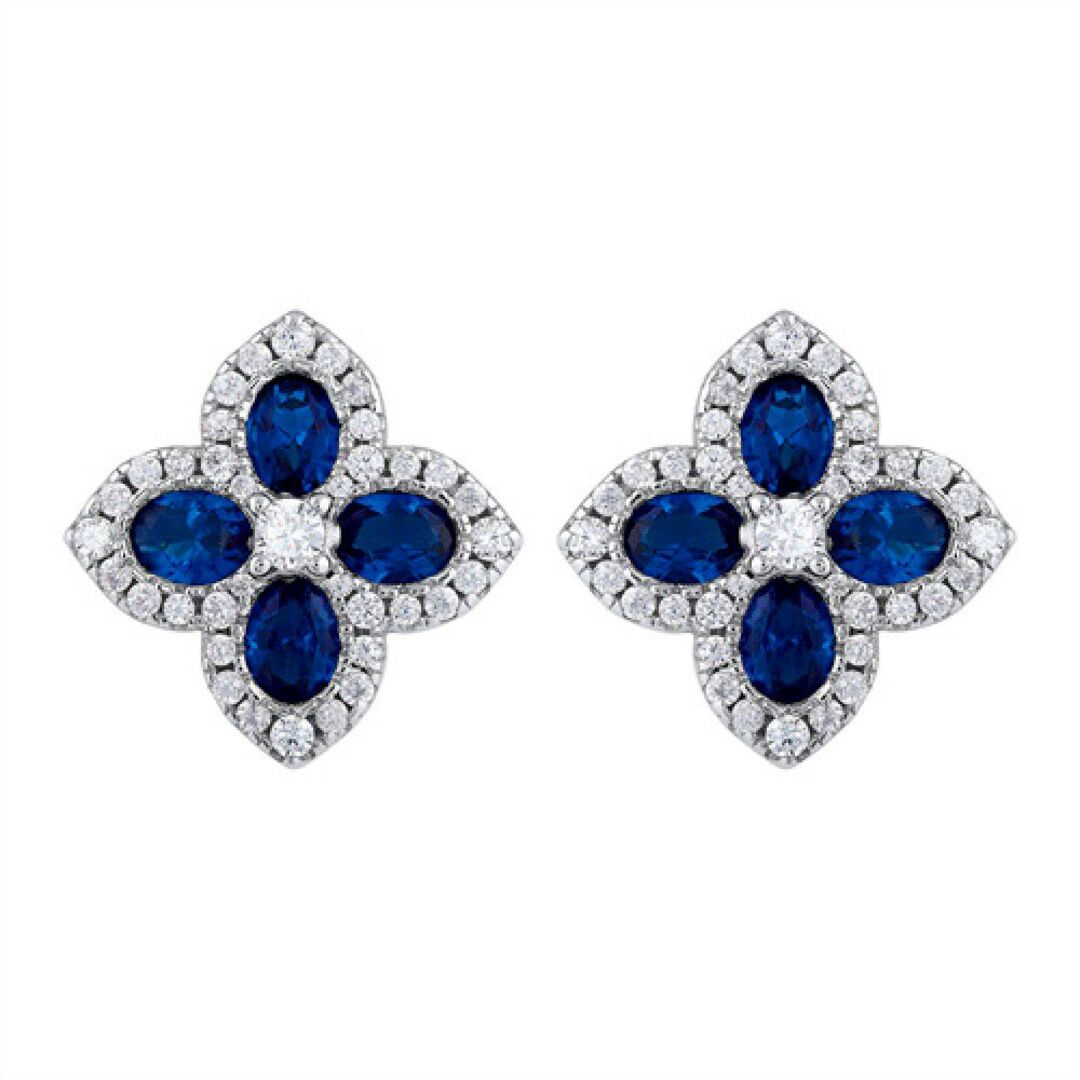 Gold-plated Silver  Blue Oval CZ Quatrefoil Clover Stud Earrings - AES227B