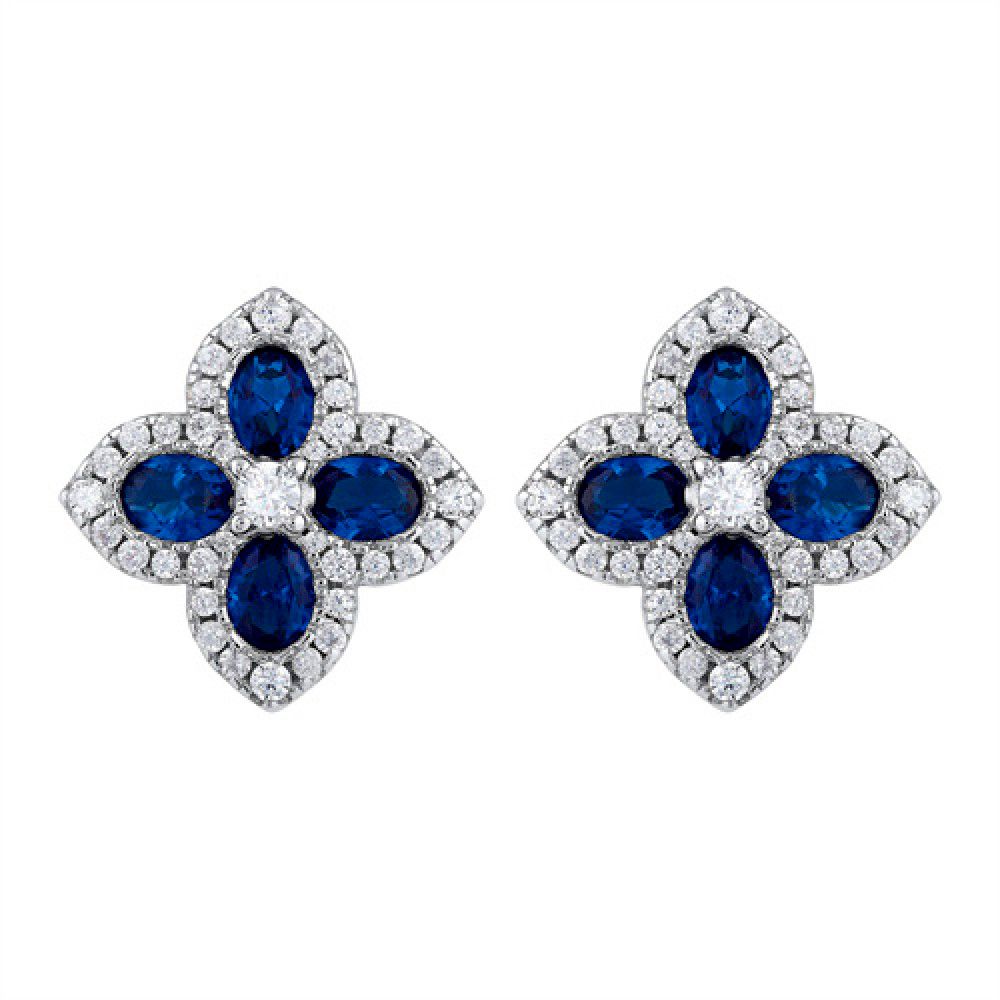 Gold-plated Silver  Blue Oval CZ Quatrefoil Clover Stud Earrings - AES227B
