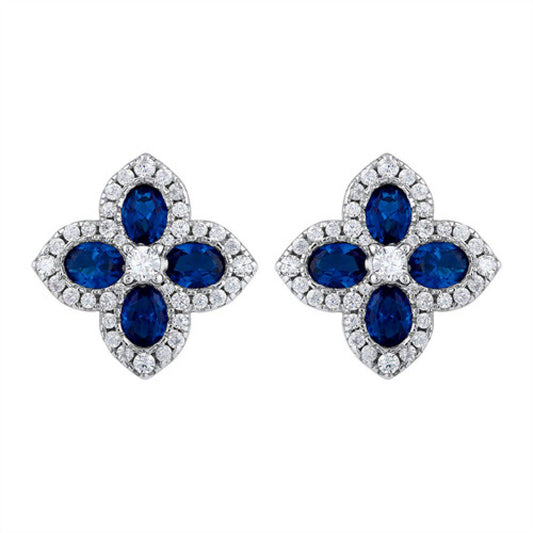 Gold-plated Silver  Blue Oval CZ Quatrefoil Clover Stud Earrings - AES227B