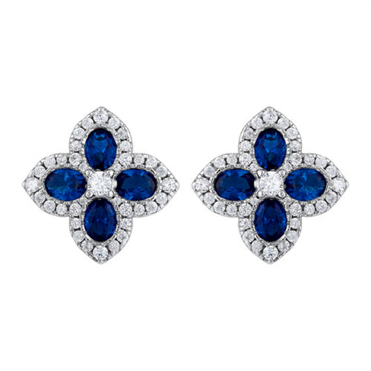 Gold-plated Silver  Blue Oval CZ Quatrefoil Clover Stud Earrings - AES227B