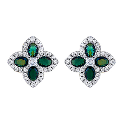 Gold-plated Silver  Green Oval CZ Quatrefoil Clover Stud Earrings - AES227G