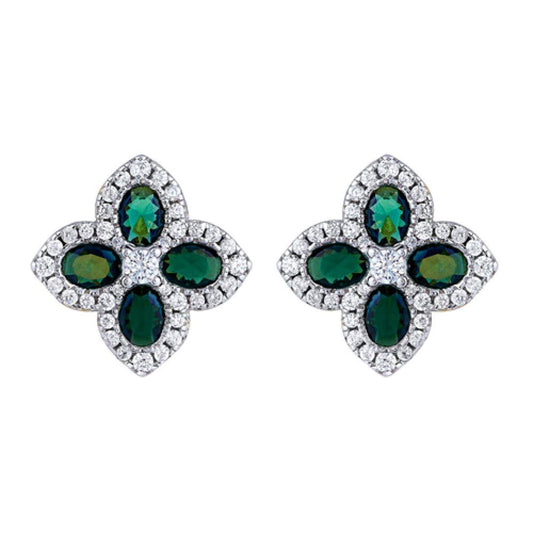Gold-plated Silver  Green Oval CZ Quatrefoil Clover Stud Earrings - AES227G