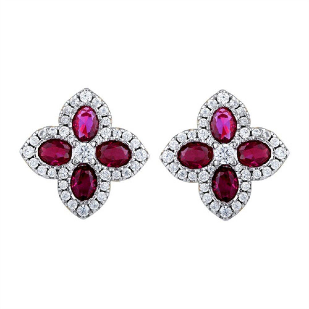 Gold-plated Silver  Red CZ Pointed Quatrefoil Clover Stud Earrings - AES227R