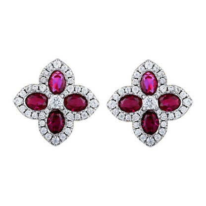Gold-plated Silver  Red CZ Pointed Quatrefoil Clover Stud Earrings - AES227R