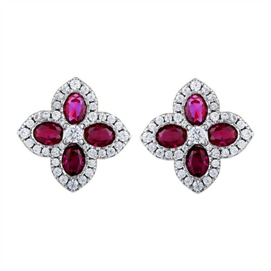 Gold-plated Silver  Red CZ Pointed Quatrefoil Clover Stud Earrings - AES227R