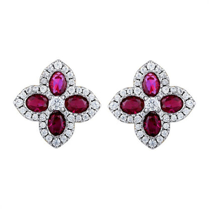 Gold-plated Silver  Red CZ Pointed Quatrefoil Clover Stud Earrings - AES227R