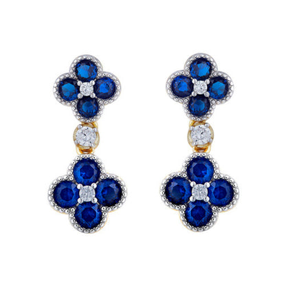 Gold-plated Silver  Blue CZ Double Clover Solitaire Drop Earrings - AES229B