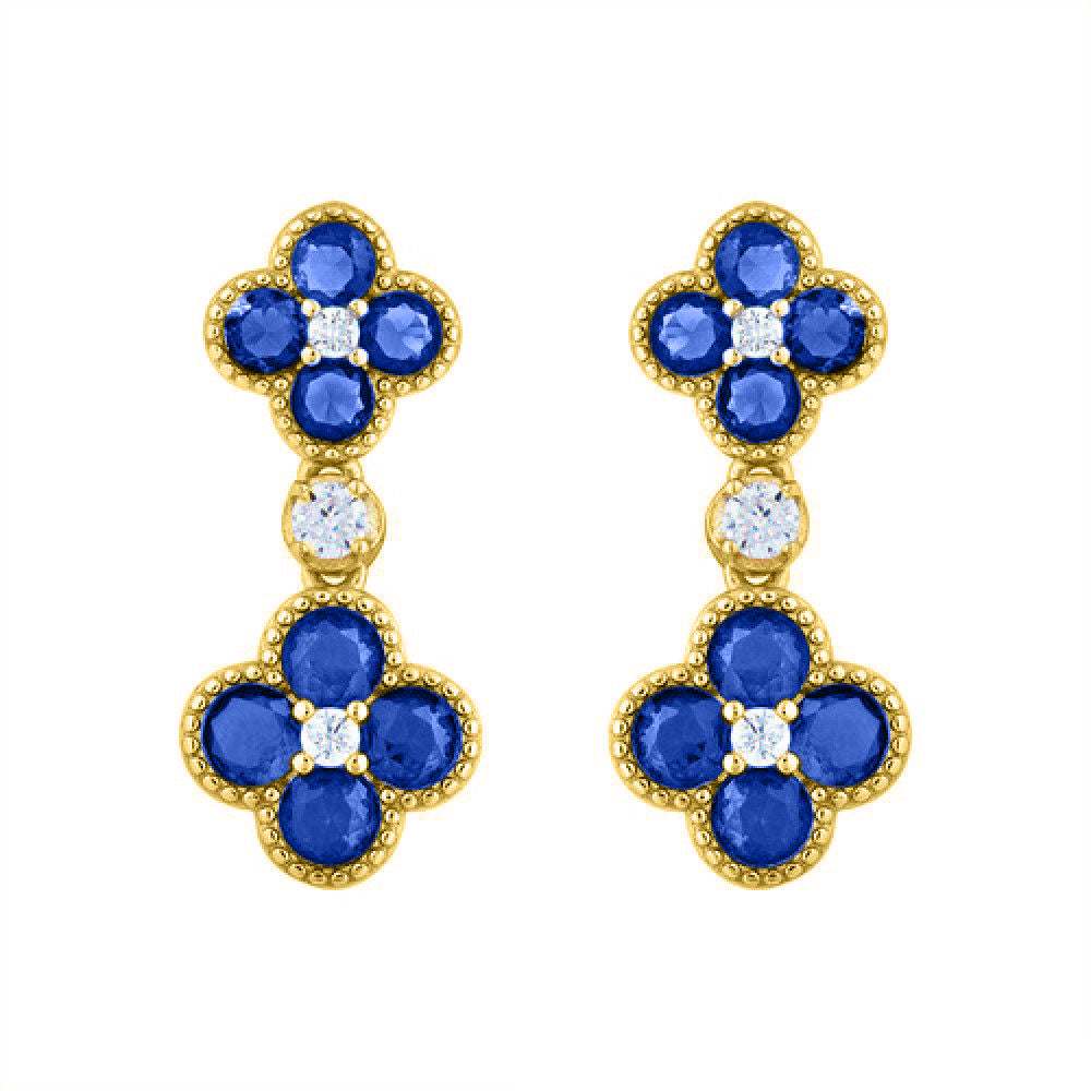 Gold-plated Silver  Blue CZ Double Clover Solitaire Drop Earrings - AES229B