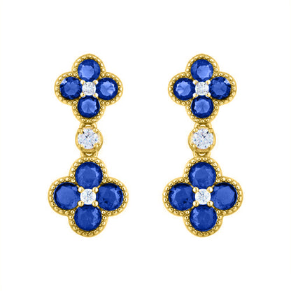 Gold-plated Silver  Blue CZ Double Clover Solitaire Drop Earrings - AES229B