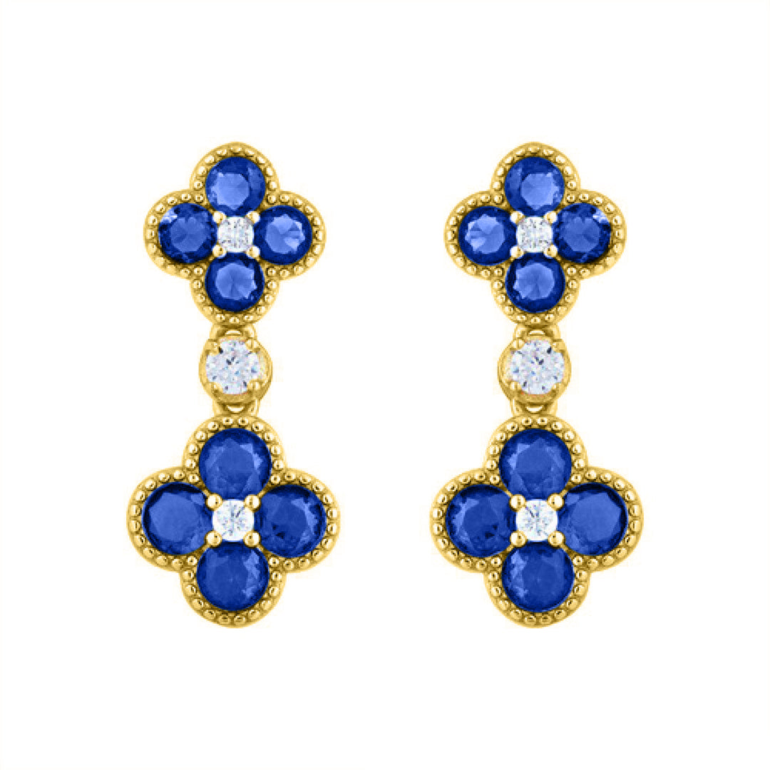 Gold-plated Silver  Blue CZ Double Clover Solitaire Drop Earrings - AES229B