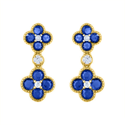 Gold-plated Silver  Blue CZ Double Clover Solitaire Drop Earrings - AES229B