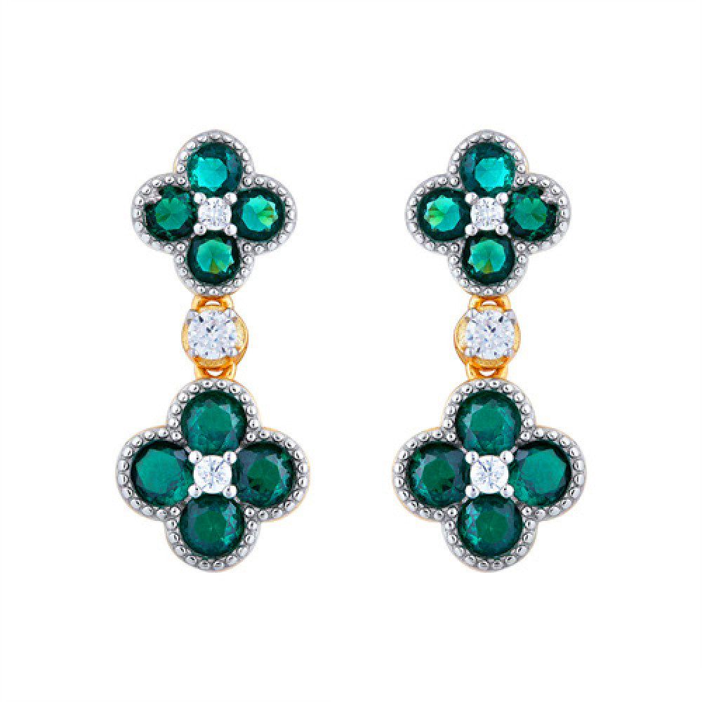 Gold-plated Silver  Green CZ Double Clover Solitaire Drop Earrings - AES229G