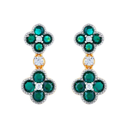 Gold-plated Silver  Green CZ Double Clover Solitaire Drop Earrings - AES229G