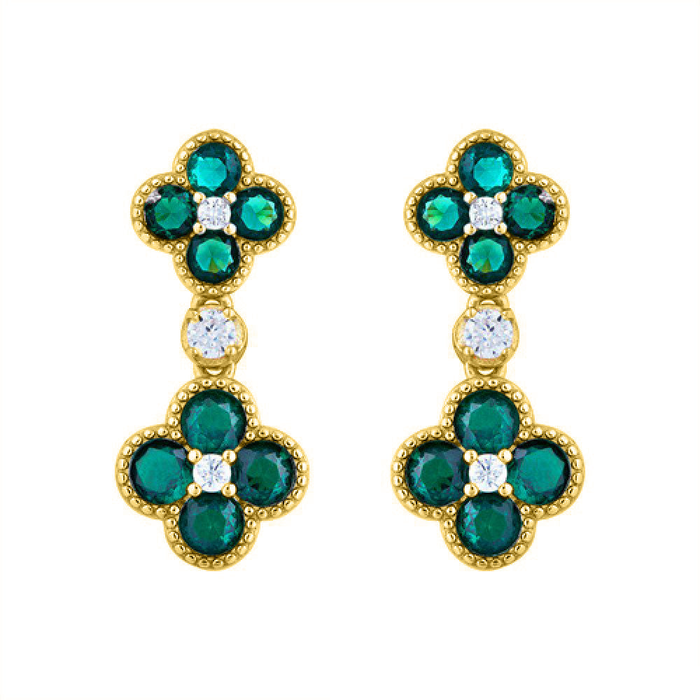 Gold-plated Silver  Green CZ Double Clover Solitaire Drop Earrings - AES229G