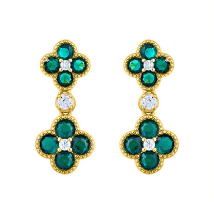 Gold-plated Silver  Green CZ Double Clover Solitaire Drop Earrings - AES229G