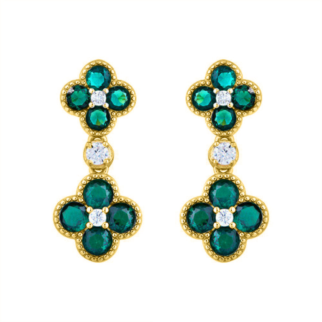 Gold-plated Silver  Green CZ Double Clover Solitaire Drop Earrings - AES229G