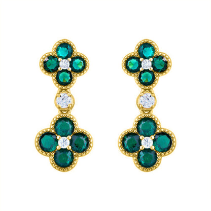 Gold-plated Silver  Green CZ Double Clover Solitaire Drop Earrings - AES229G