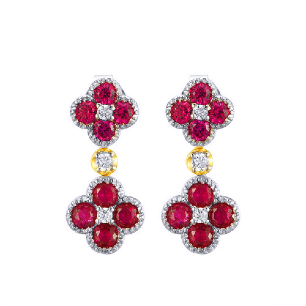 Gold-plated Silver  Red CZ Double Clover Solitaire Drop Earrings - AES229R