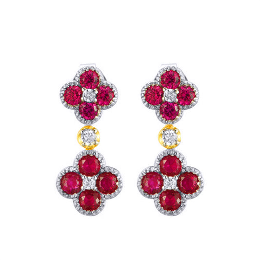 Gold-plated Silver  Red CZ Double Clover Solitaire Drop Earrings - AES229R