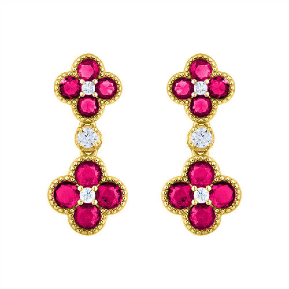 Gold-plated Silver  Red CZ Double Clover Solitaire Drop Earrings - AES229R