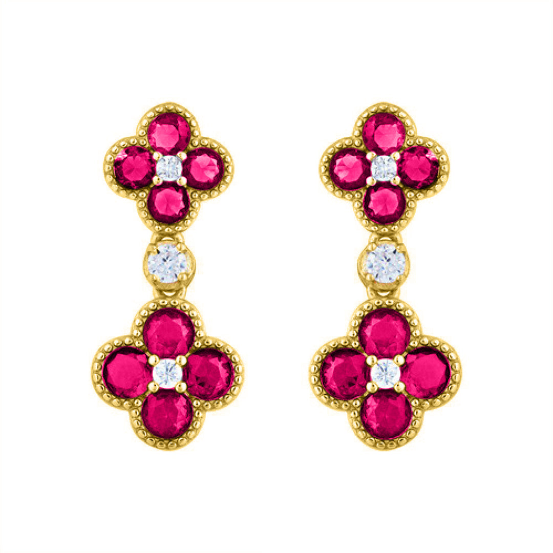 Gold-plated Silver  Red CZ Double Clover Solitaire Drop Earrings - AES229R