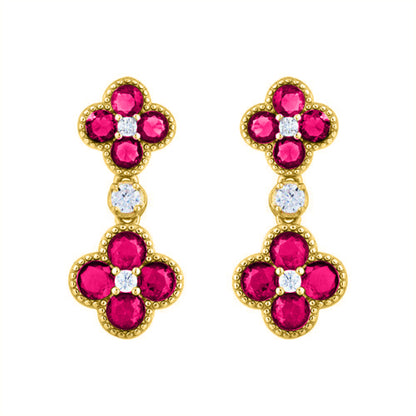 Gold-plated Silver  Red CZ Double Clover Solitaire Drop Earrings - AES229R