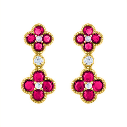 Gold-plated Silver  Red CZ Double Clover Solitaire Drop Earrings - AES229R