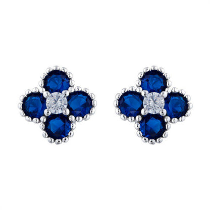 Silver  Blue CZ Bead Edge Clover Cluster Stud Earrings - AES230B
