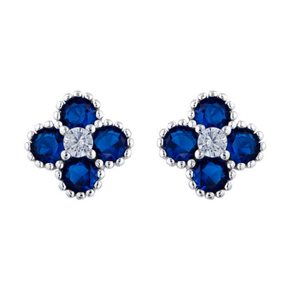 Silver  Blue CZ Bead Edge Clover Cluster Stud Earrings - AES230B