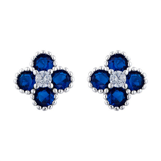 Silver  Blue CZ Bead Edge Clover Cluster Stud Earrings - AES230B