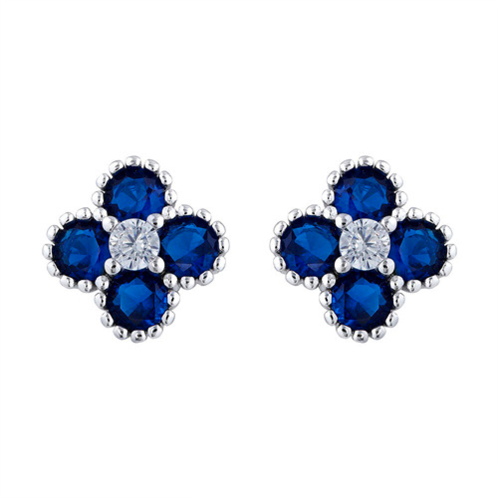 Silver  Blue CZ Bead Edge Clover Cluster Stud Earrings - AES230B