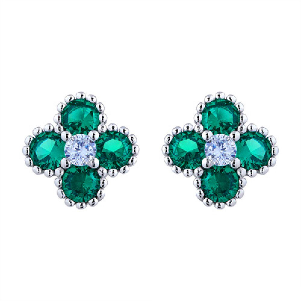 Silver  Green CZ Bead Edge Clover Cluster Stud Earrings - AES230G