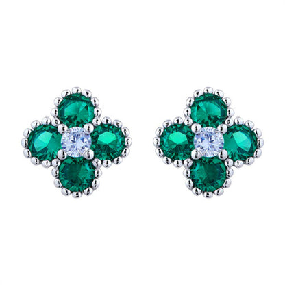 Silver  Green CZ Bead Edge Clover Cluster Stud Earrings - AES230G