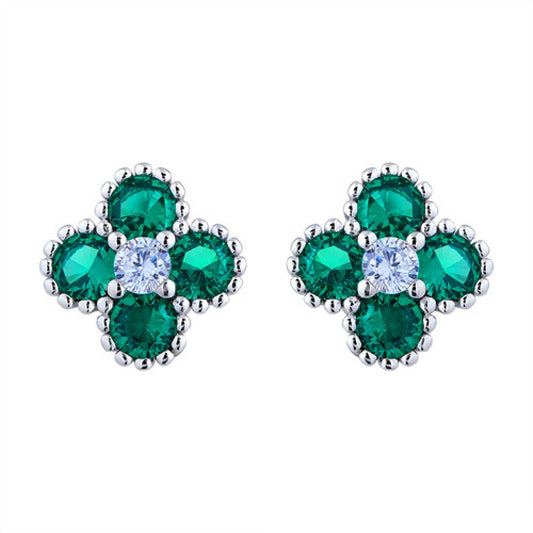 Silver  Green CZ Bead Edge Clover Cluster Stud Earrings - AES230G