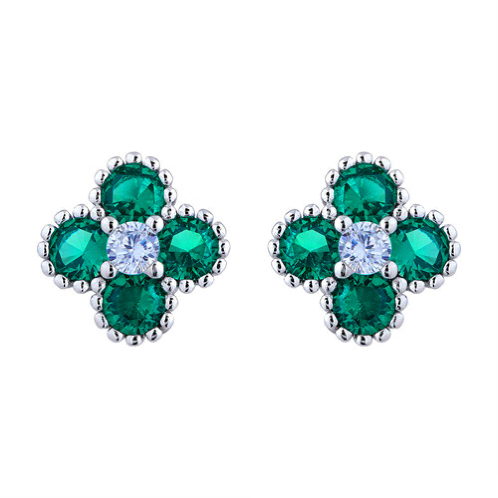 Silver  Green CZ Bead Edge Clover Cluster Stud Earrings - AES230G