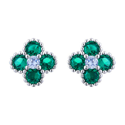 Silver  Green CZ Bead Edge Clover Cluster Stud Earrings - AES230G