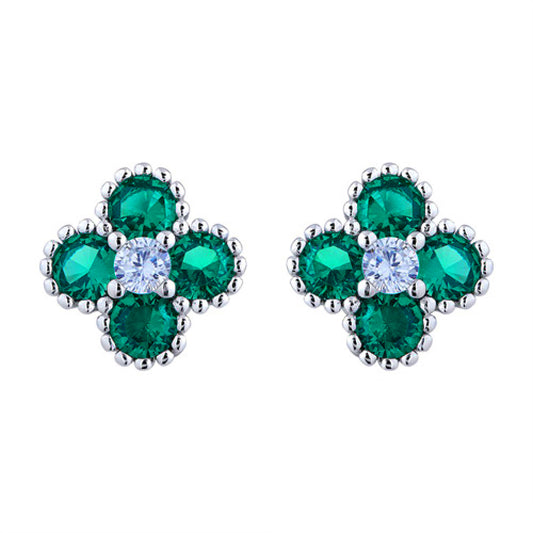 Silver  Green CZ Bead Edge Clover Cluster Stud Earrings - AES230G