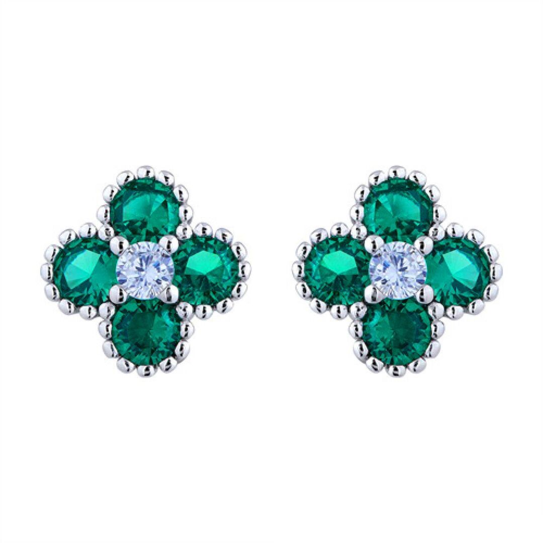 Silver  Green CZ Bead Edge Clover Cluster Stud Earrings - AES230G