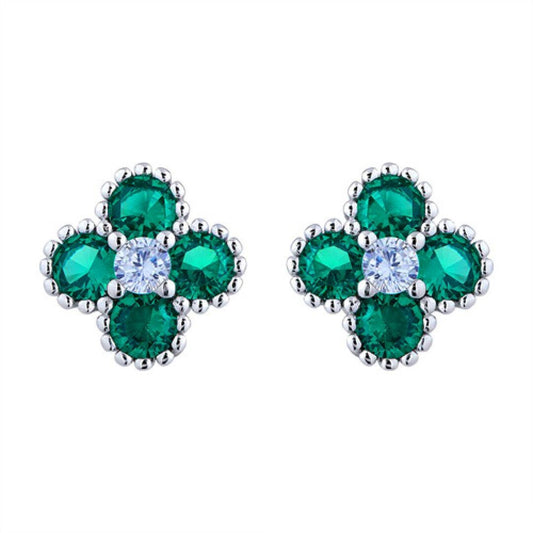 Silver  Green CZ Bead Edge Clover Cluster Stud Earrings - AES230G