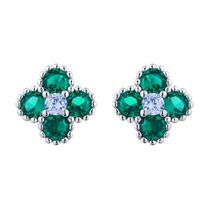 Silver  Green CZ Bead Edge Clover Cluster Stud Earrings - AES230G