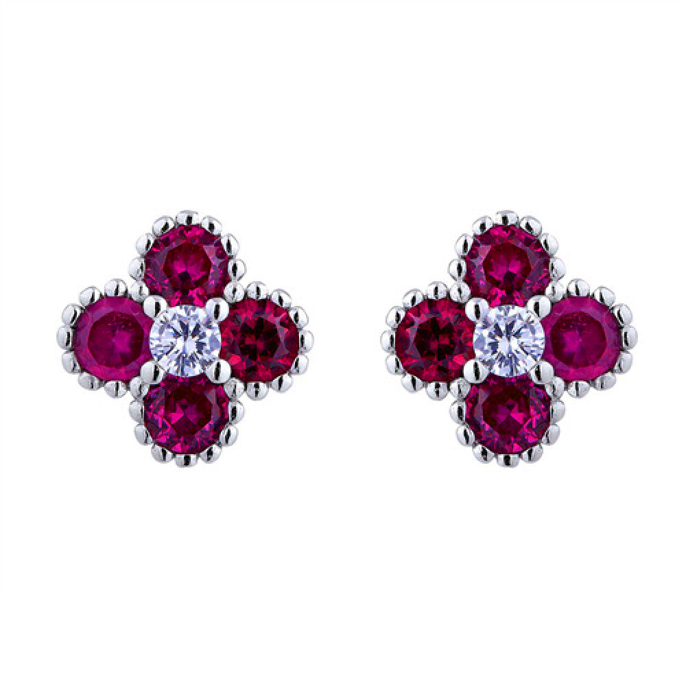 Silver  Red CZ Bead Edge Clover Cluster Stud Earrings - AES230R