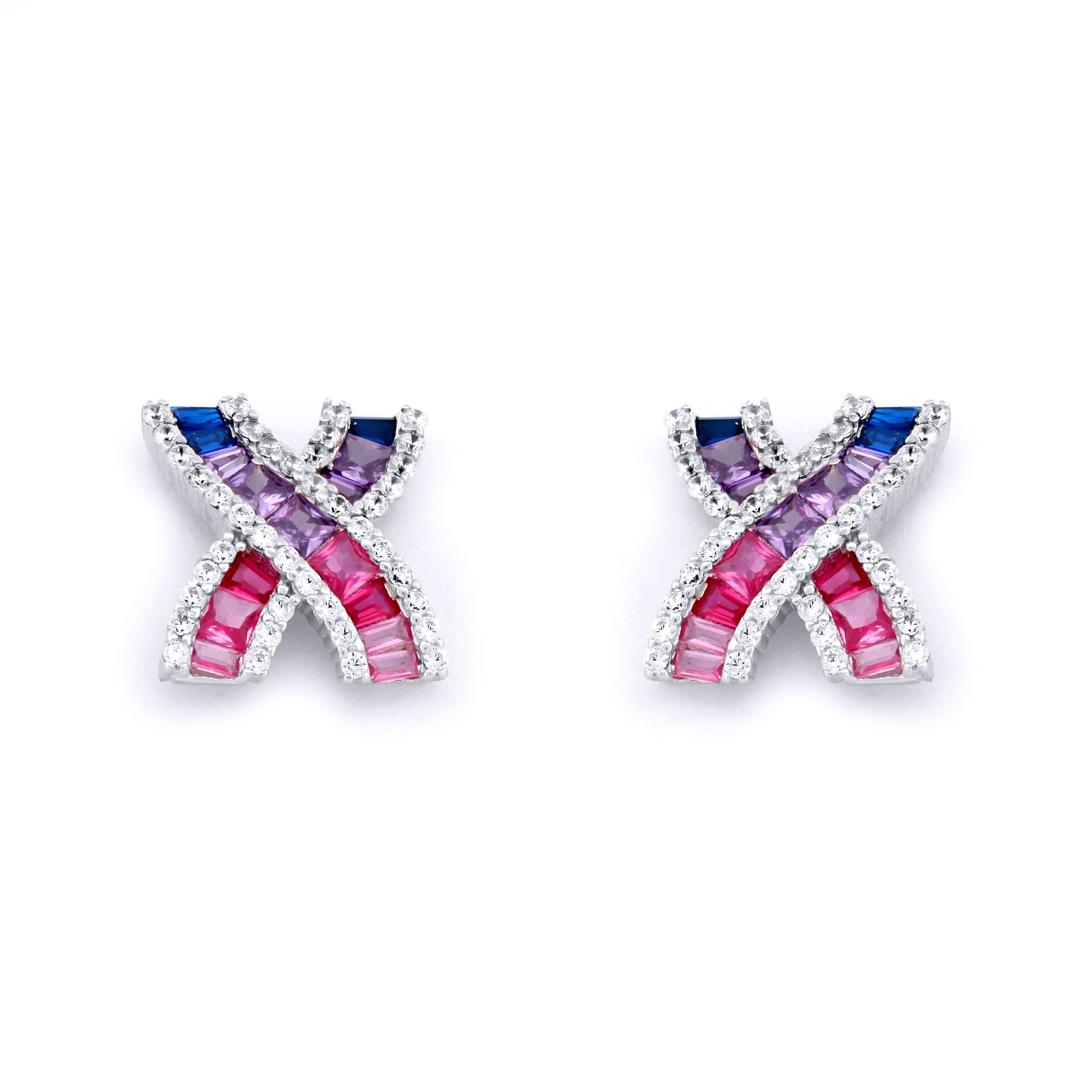 Silver  Pink Lilac Blue Princess CZ Crossroads Kiss Stud Earrings - AES232