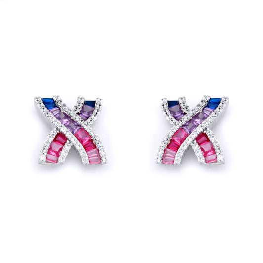 Silver  Pink Lilac Blue Princess CZ Crossroads Kiss Stud Earrings - AES232