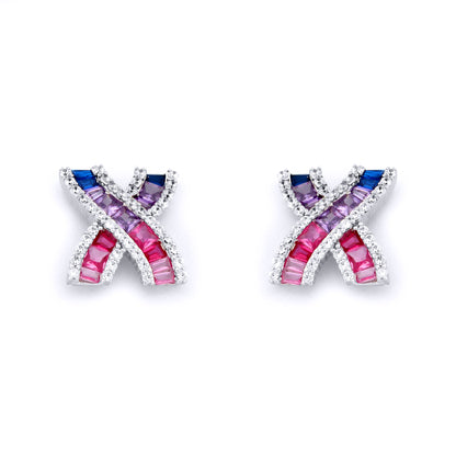 Silver  Pink Lilac Blue Princess CZ Crossroads Kiss Stud Earrings - AES232