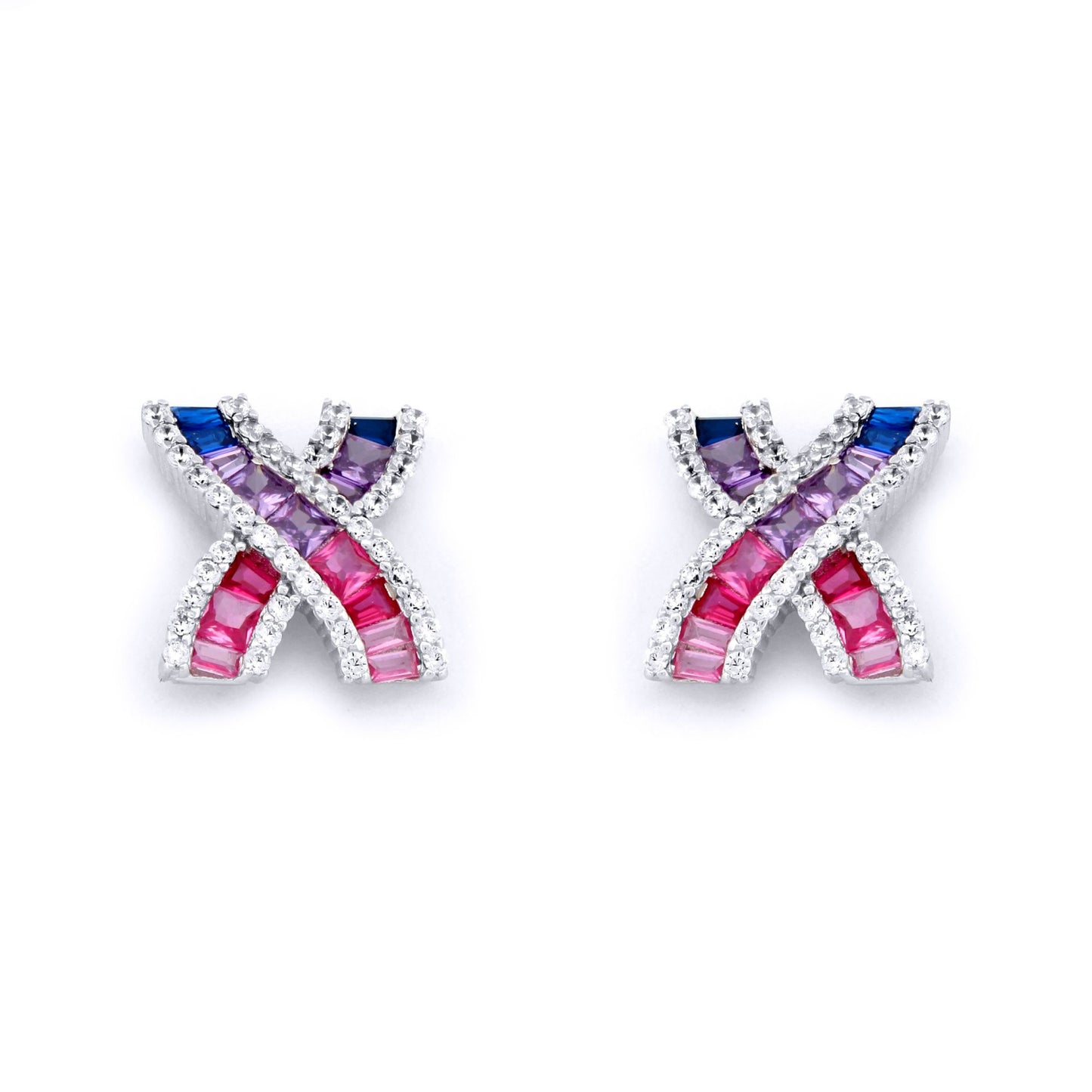 Silver  Pink Lilac Blue Princess CZ Crossroads Kiss Stud Earrings - AES232