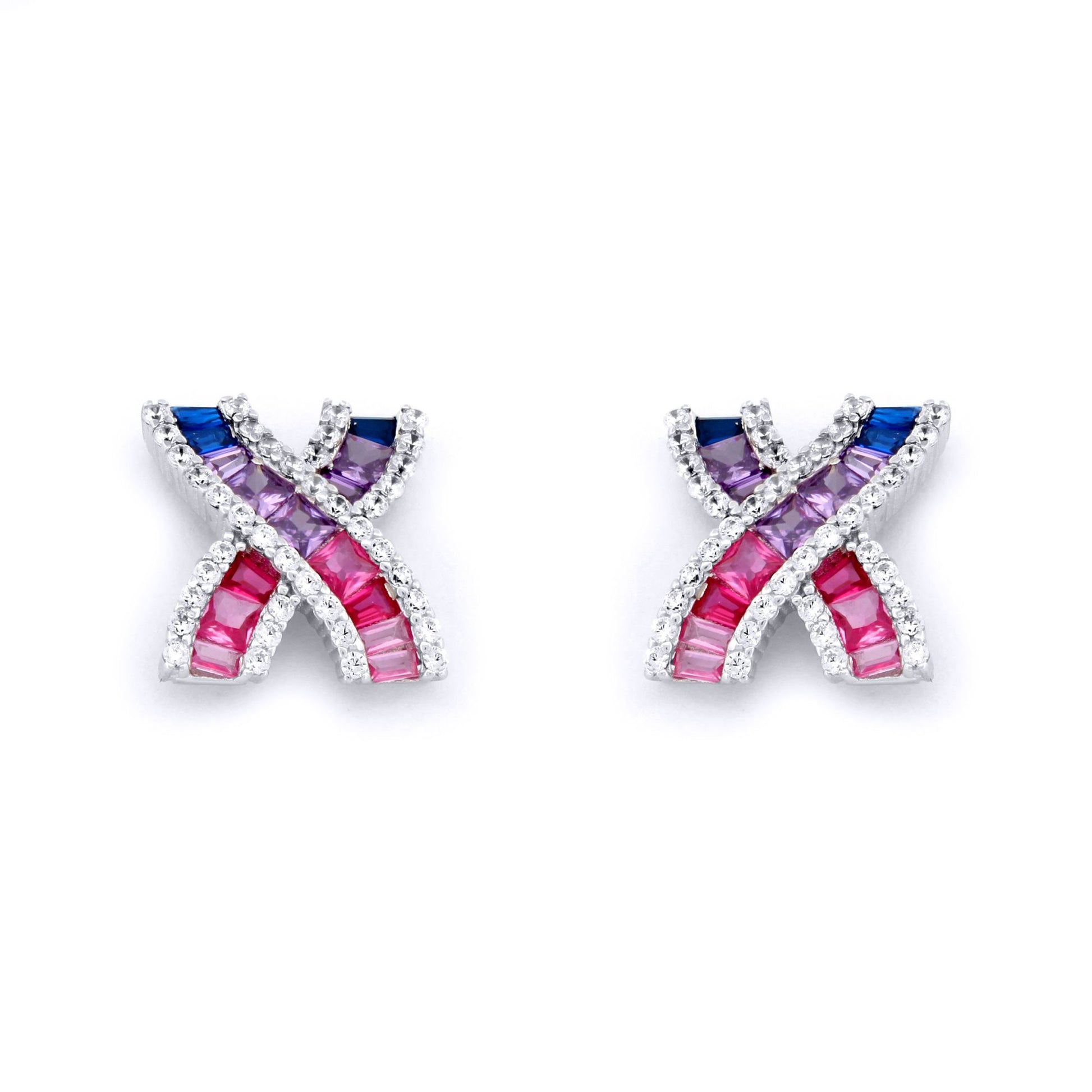 Silver  Pink Lilac Blue Princess CZ Crossroads Kiss Stud Earrings - AES232