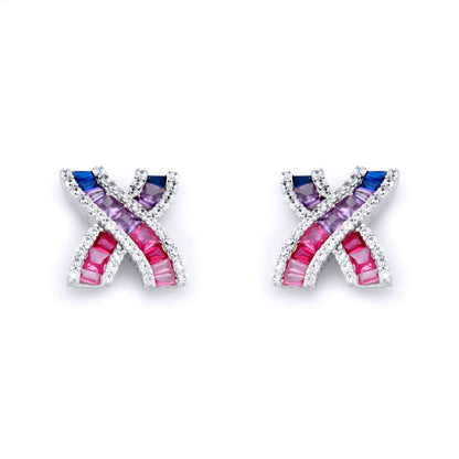 Silver  Pink Lilac Blue Princess CZ Crossroads Kiss Stud Earrings - AES232