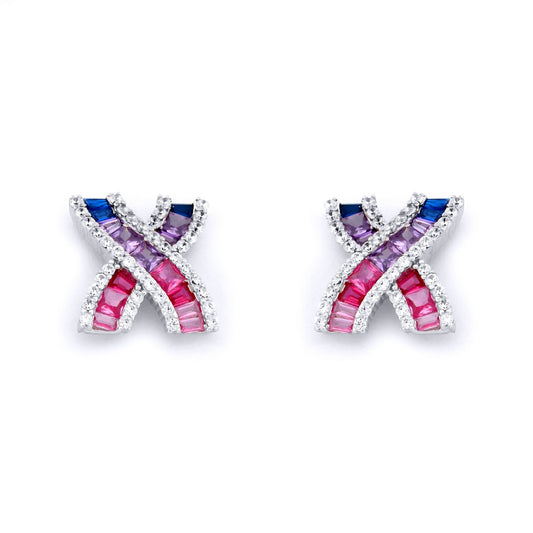 Silver  Pink Lilac Blue Princess CZ Crossroads Kiss Stud Earrings - AES232